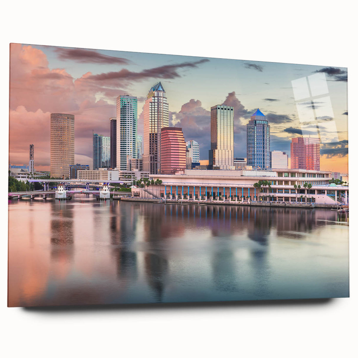 Large abstract depiction of the Tampa skyline in muted blue and gray tones on acrylic glass.
