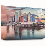 Large abstract depiction of the Tampa skyline in muted blue and gray tones on acrylic glass.
