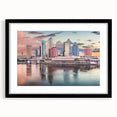 Abstract art print depicting a colorful, textured scenery of Tampa, framed in black, ideal for living room decor.