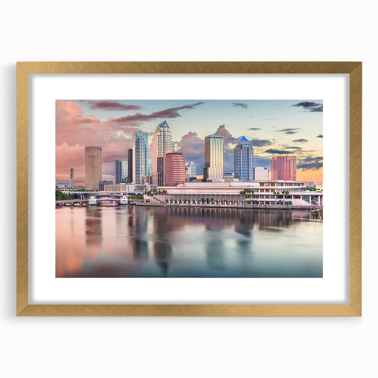Extra large abstract art print of Tampa scenery in textured gold frame, ideal for living room decor.