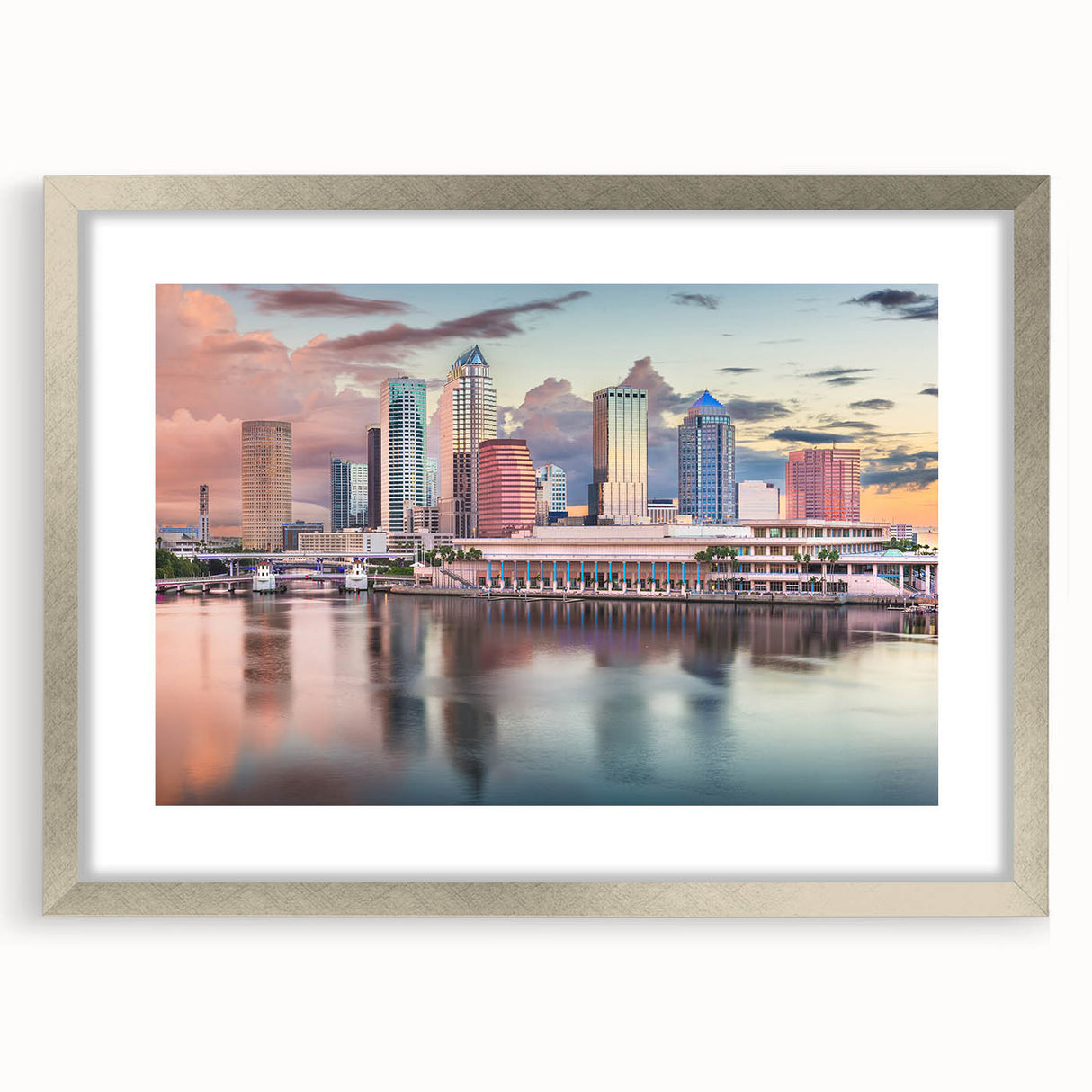Textured abstract art print of Tampa scenery in muted earth tones on a framed canvas, ideal for bedroom art.