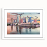 Abstract art print of Tampa skyline in muted blue and gray tones on a framed white mat.
