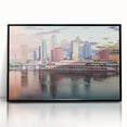 Large abstract wall art depicting Tampa's skyline in muted gray and blue tones on a framed acrylic.