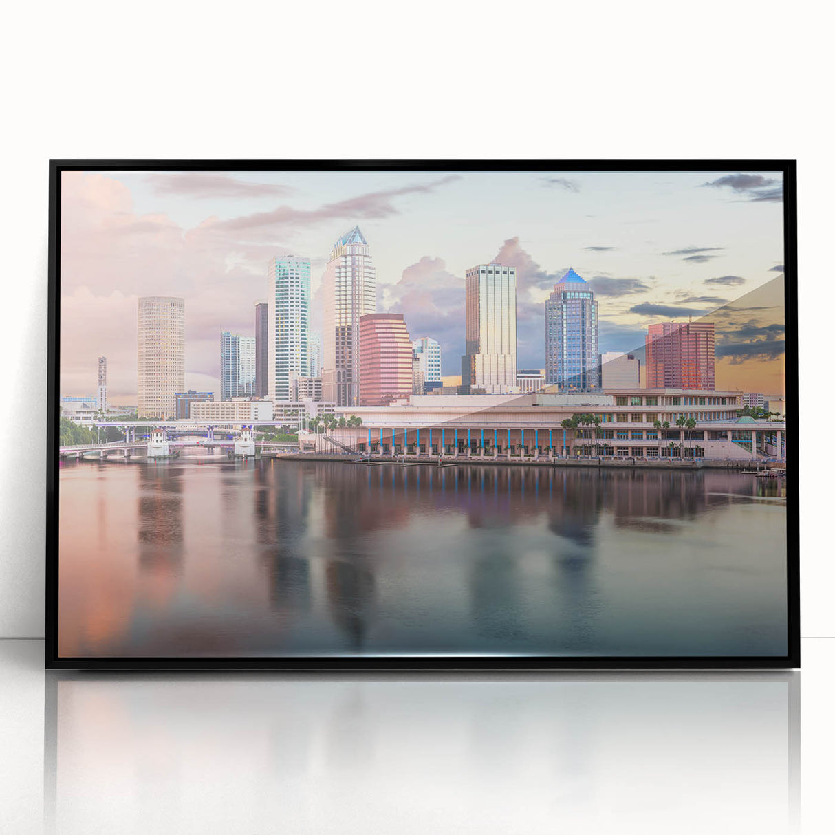 Large abstract wall art depicting Tampa's skyline in muted gray and blue tones on a framed acrylic.