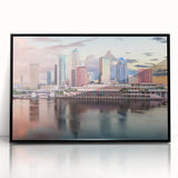 Large abstract wall art depicting Tampa's skyline in muted gray and blue tones on a framed acrylic.