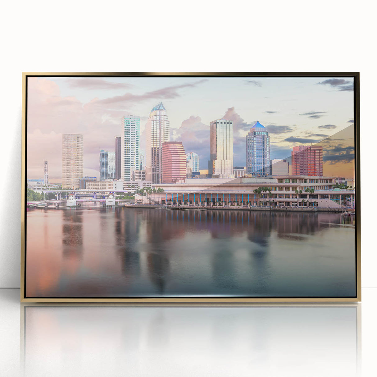 Framed acrylic print of Tampa skyline in gold and blue tones, ideal for modern art wall decor.