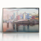 Mid-century modernist art depicting Tampa skyline in muted blue and silver tones on a framed acrylic.