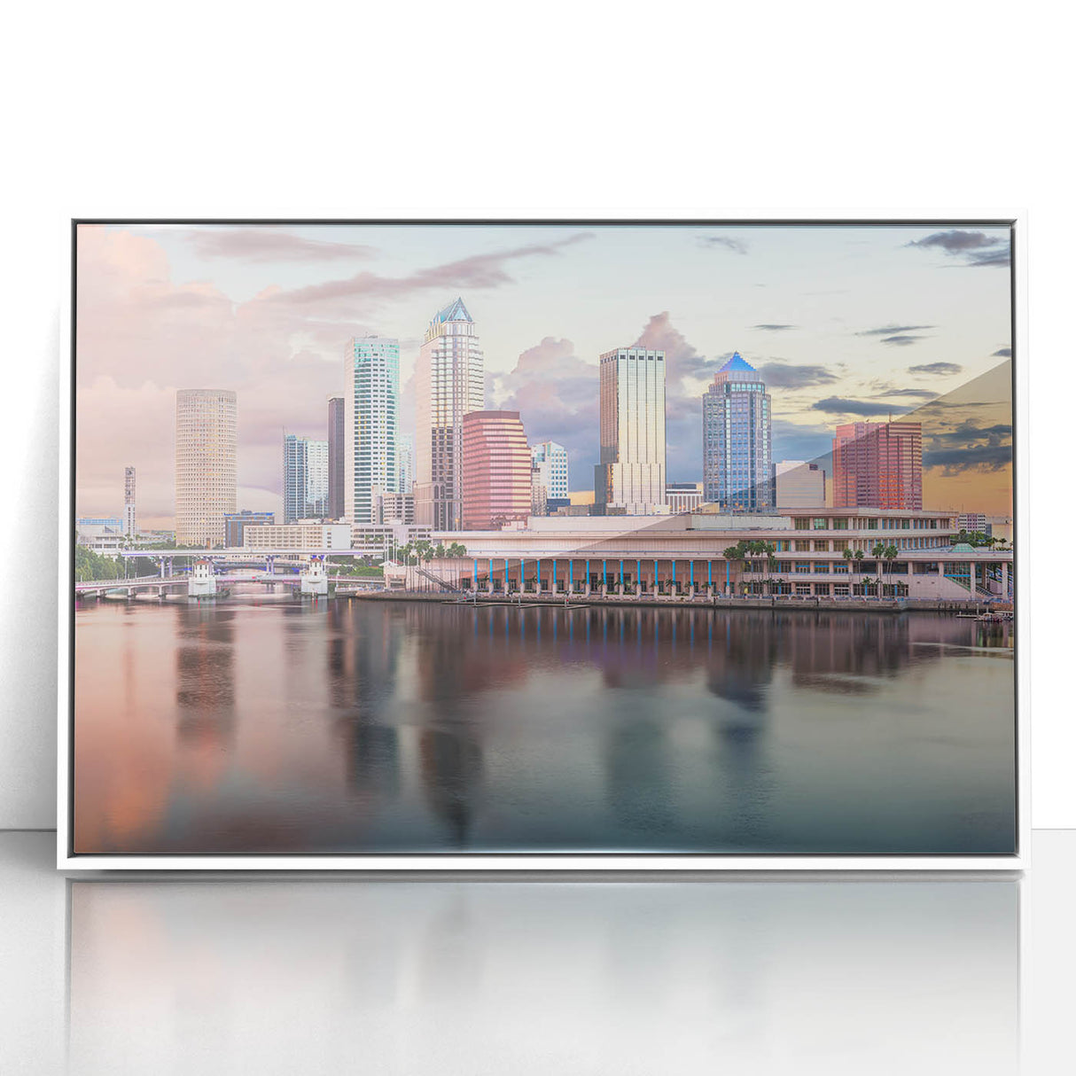 Framed acrylic print of Tampa skyline with pastel shades, ideal for modern art wall decor in a nursery.
