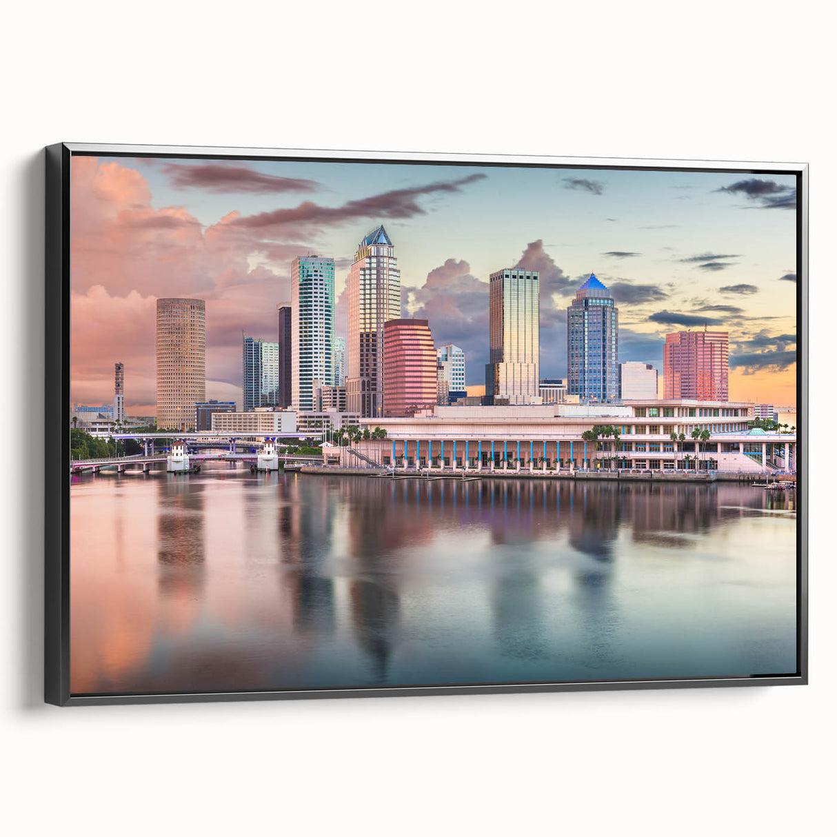 Black and white framed canvas of Tampa landscape, ideal for bedroom decor.
