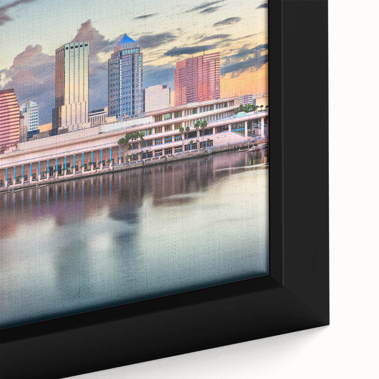 Extra large framed canvas of a textured Tampa skyline in black with colorful accents, ideal for living room decor.