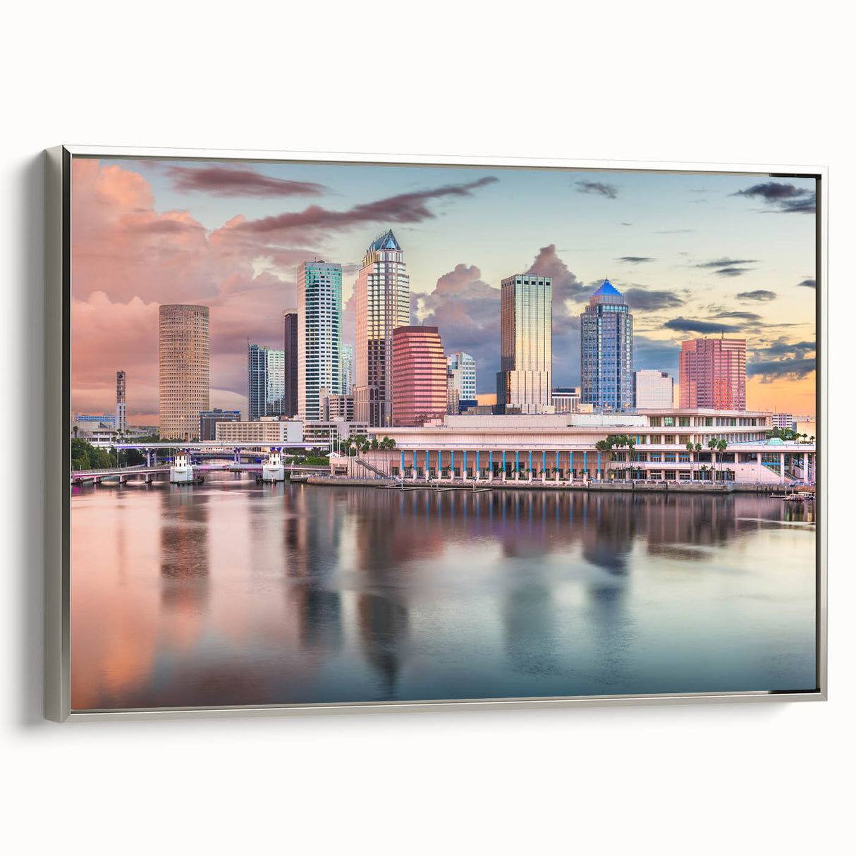 Framed canvas of Tampa landscape featuring a colorful vintage poster art style with black accents, ideal for office decor.
