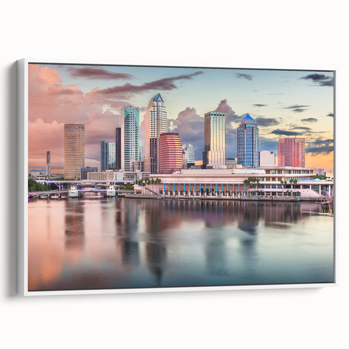 Vintage poster art of Tampa skyline in vibrant colors on a large framed canvas, suitable for living room decor.