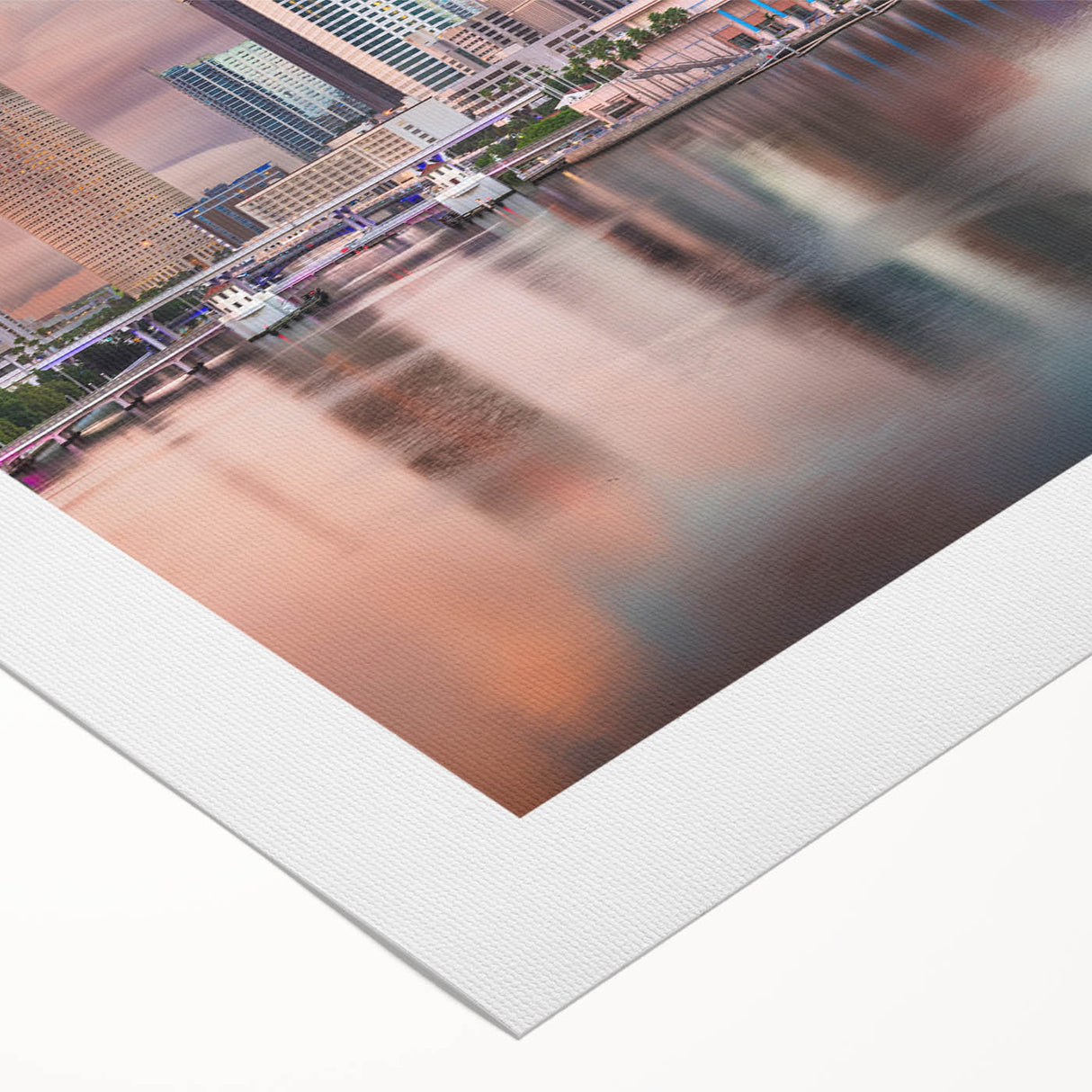 Art deco poster of Tampa skyline in muted gold and blue tones on rolled canvas, suitable for dining room wall art.