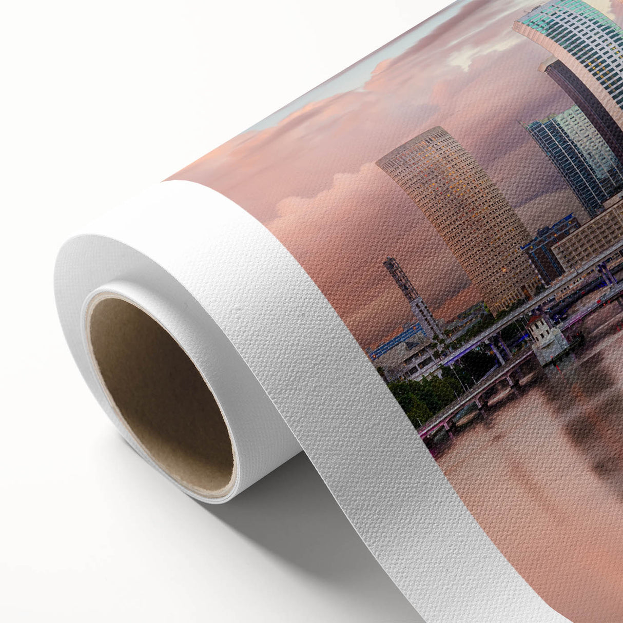 Art deco poster of Tampa skyline in pastel shades on rolled canvas, suitable for nursery wall art or dining room.