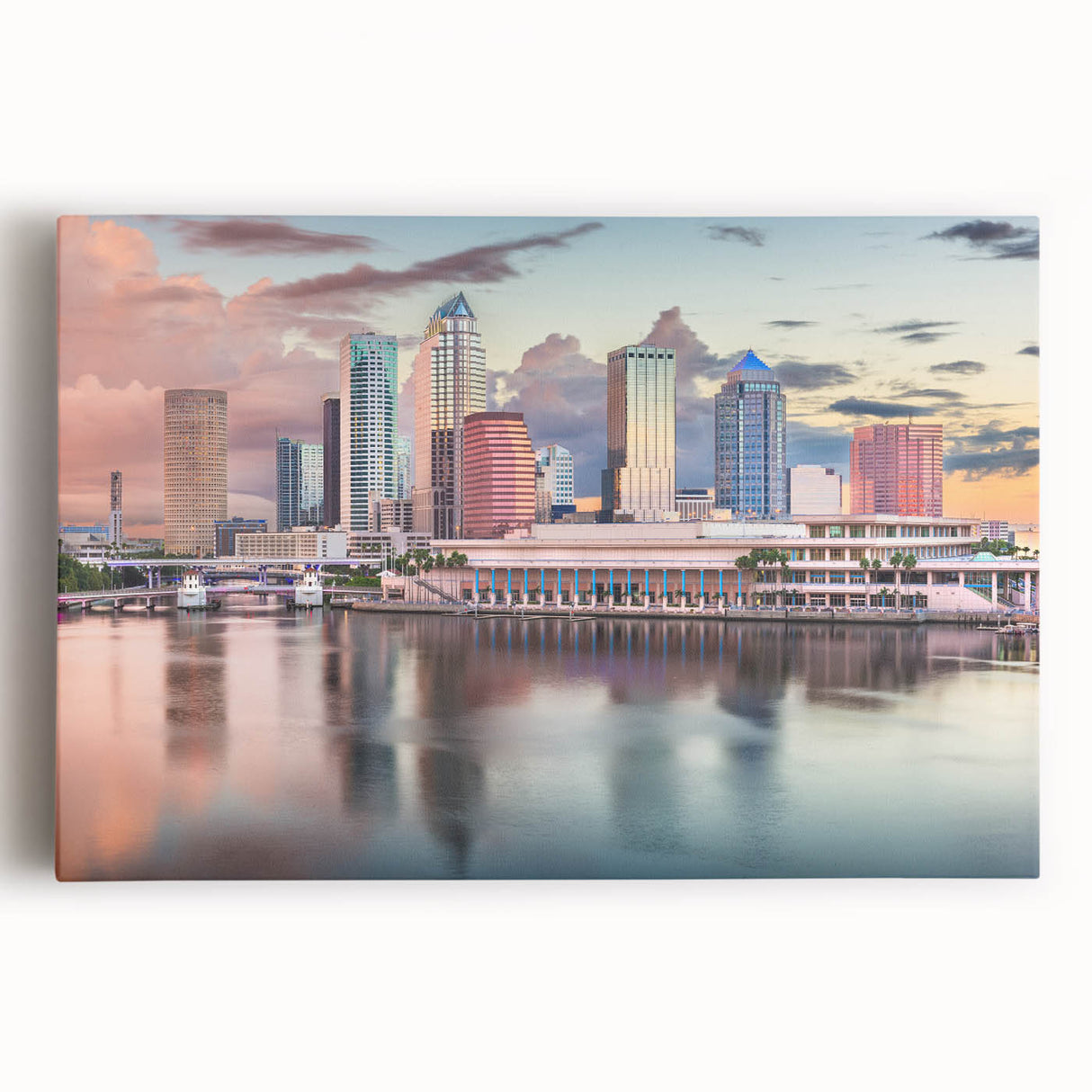 Black and white photograph of Tampa skyline on large stretched canvas, suitable for kitchen wall art.