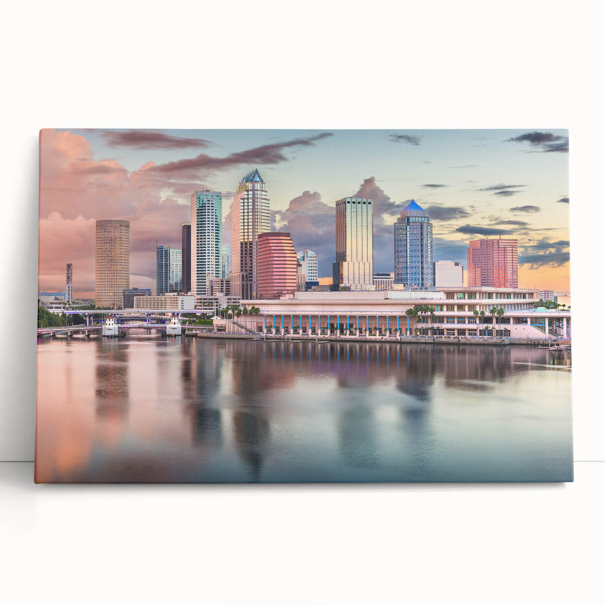 Black and white photograph of Tampa skyline on large stretched canvas, suitable as kitchen wall art or bedroom decor.