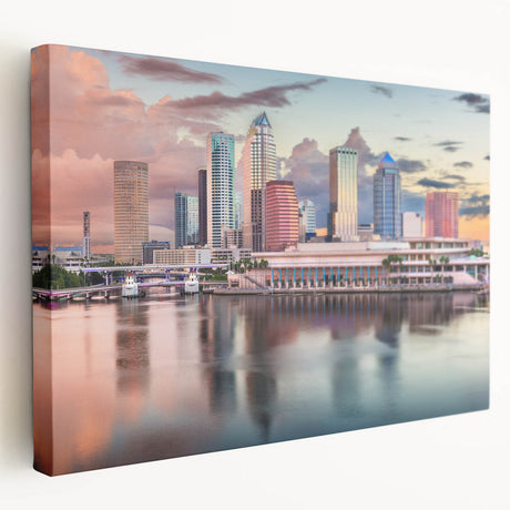 Tampa city skyline depicted in vibrant sunset colors on a large stretched canvas, suitable for kitchen wall art.