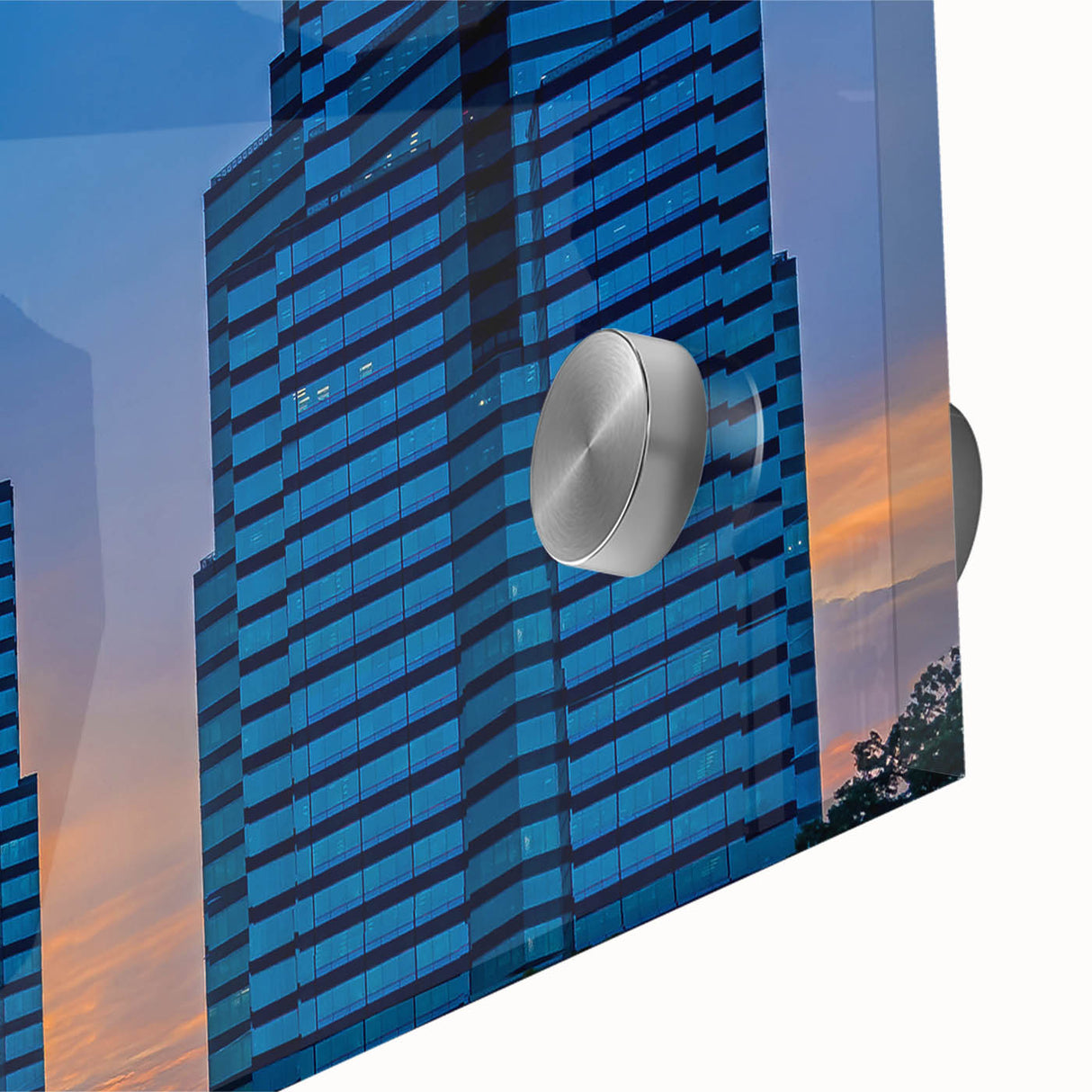 Large abstract depiction of the Atlanta skyline in muted gray and blue tones on acrylic glass, suitable for dining room art.