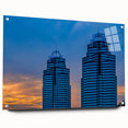 Atlanta skyline in muted gray and blue tones on large acrylic print, suitable for bedroom or dining room decor.