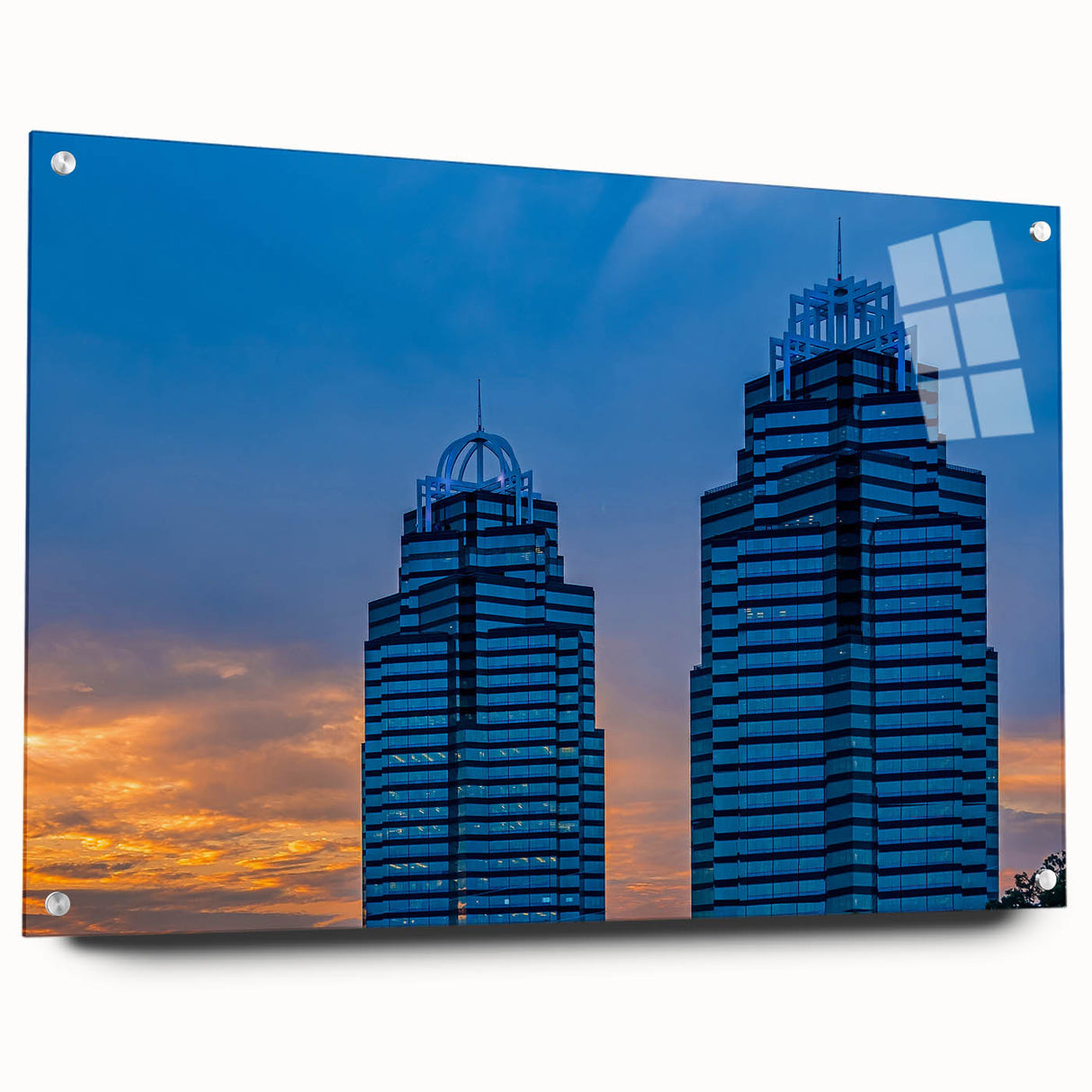 Atlanta skyline in muted gray and blue tones on large acrylic print, suitable for bedroom or dining room decor.