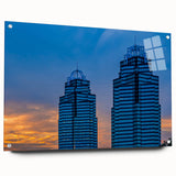 Atlanta skyline in muted gray and blue tones on large acrylic print, suitable for bedroom or dining room decor.
