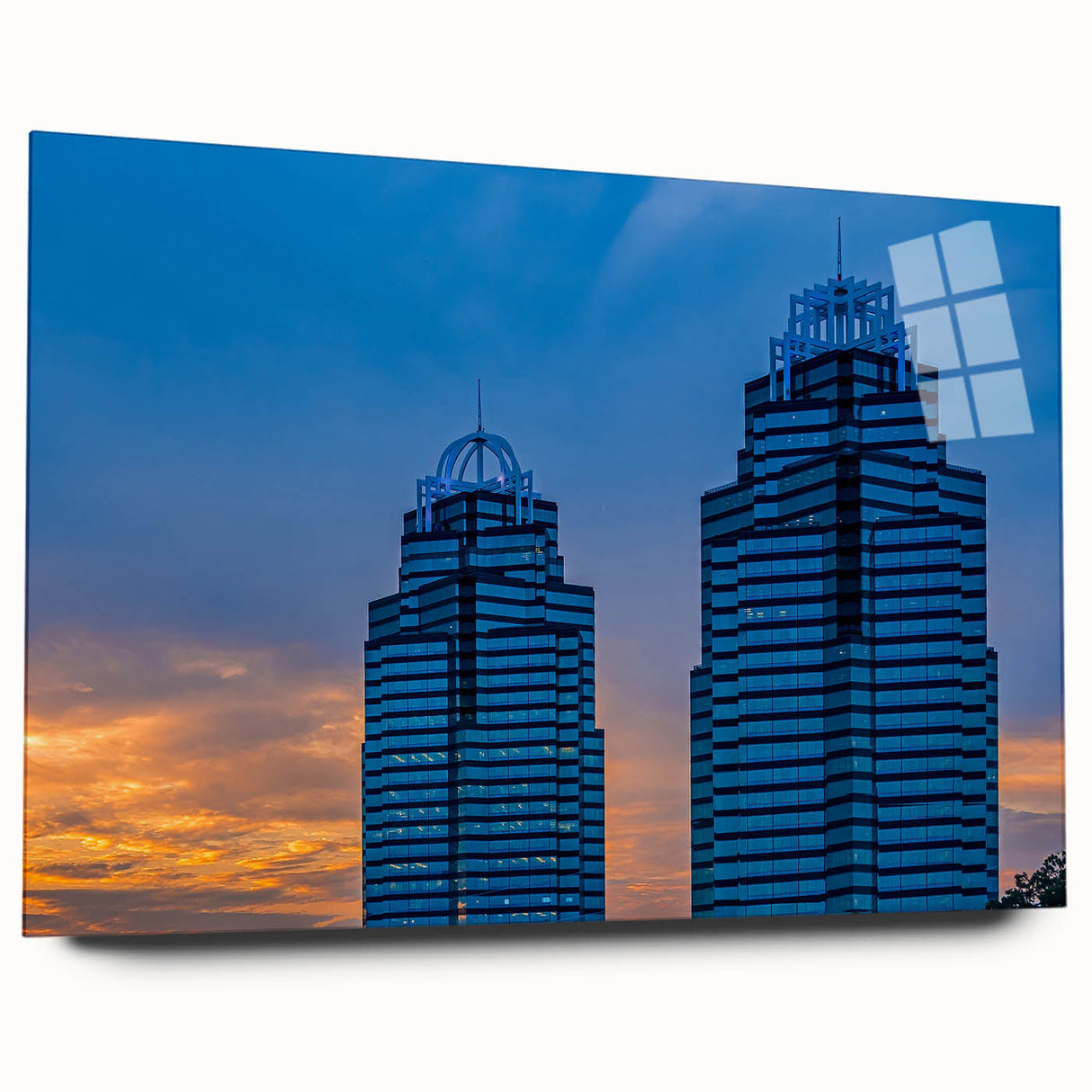 Large abstract wall art of the Atlanta skyline in muted colors on acrylic glass, ideal for bedroom or dining room decor.