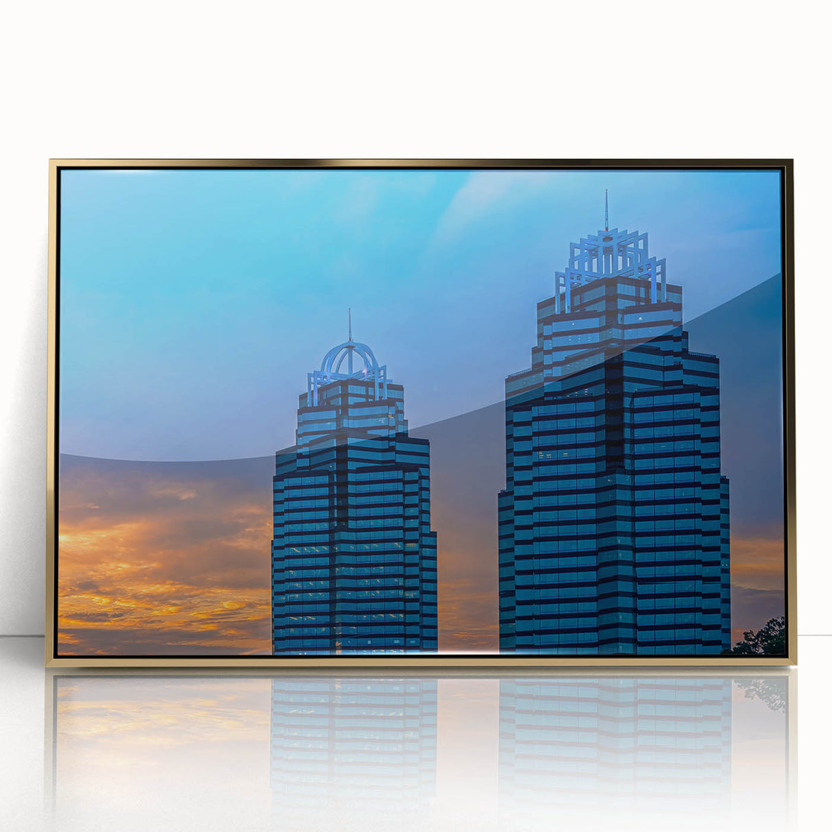 Mid-century modernist Atlanta skyline in gold and black hues on framed acrylic, suitable for modern art wall decor.