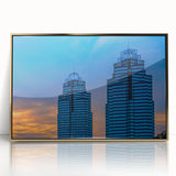 Mid-century modernist Atlanta skyline in gold and black hues on framed acrylic, suitable for modern art wall decor.