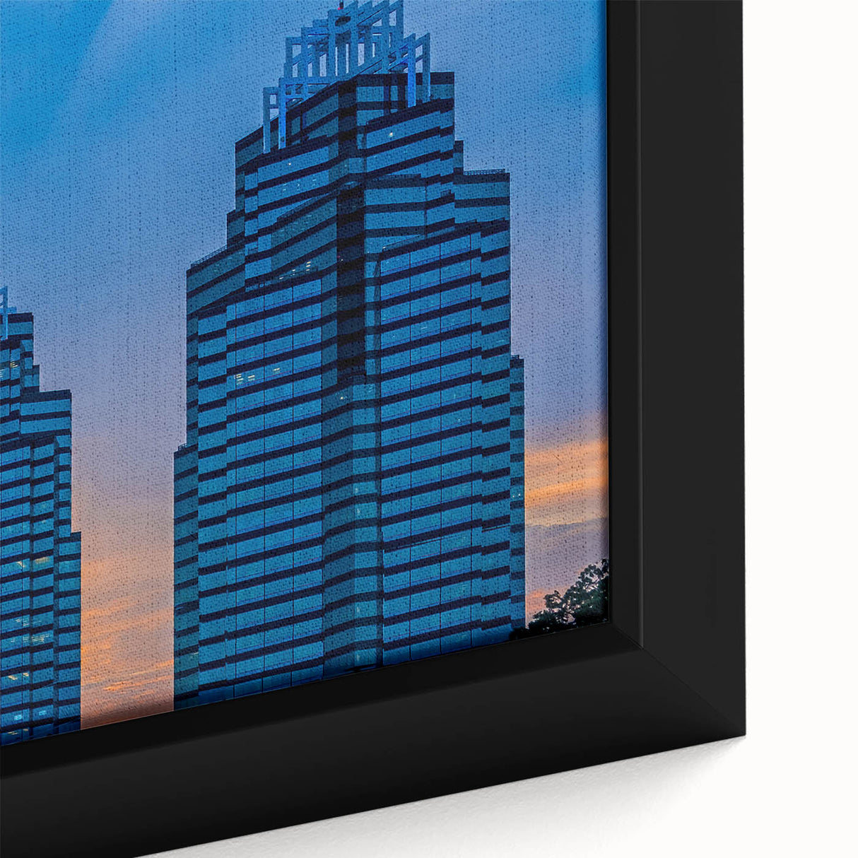 Extra large black wall art featuring a textured Atlanta skyline in colorful hues.