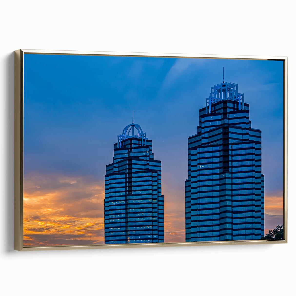 Framed canvas depicting a vintage-style Atlanta skyline in muted gold and black tones, ideal for bedroom wall art.