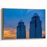 Framed canvas depicting a vintage-style Atlanta skyline in muted gold and black tones, ideal for bedroom wall art.