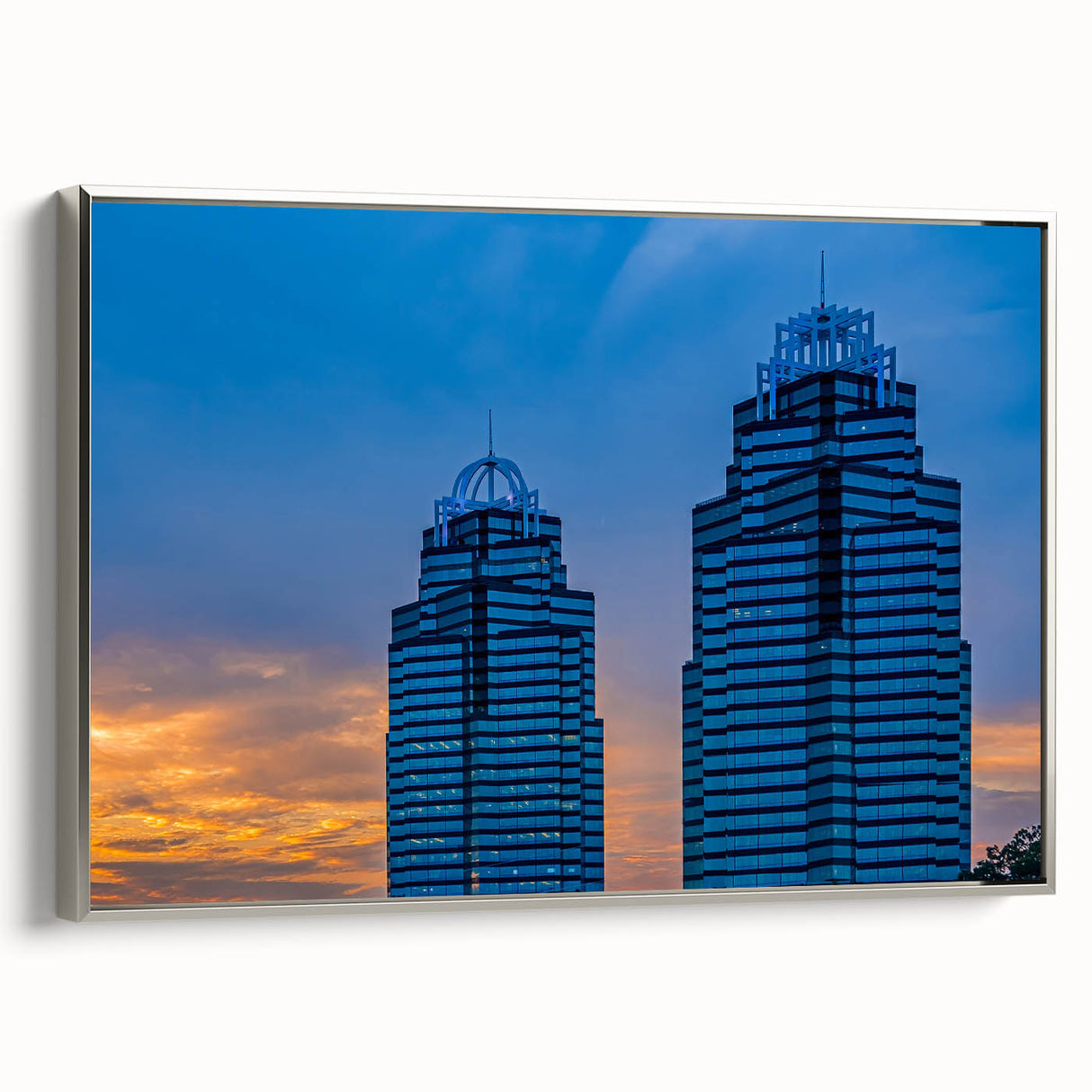Framed canvas of a vintage Atlanta skyline in black with colorful accents, ideal for office decor.