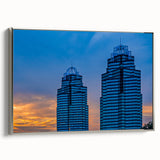 Framed canvas of a vintage Atlanta skyline in black with colorful accents, ideal for office decor.