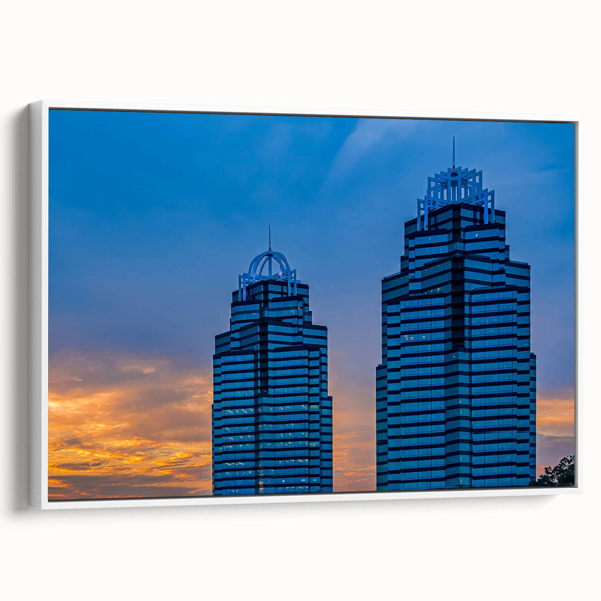 Vintage poster art of Atlanta skyline in colorful hues on a framed canvas, ideal for living room decor.