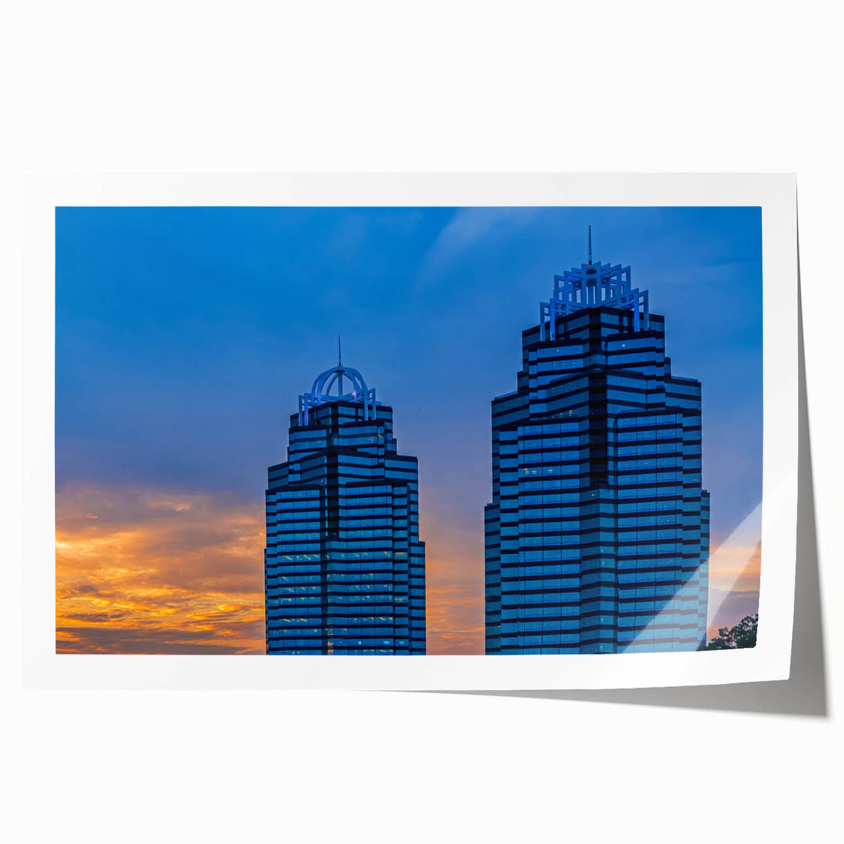 Rolled print of Atlanta skyline in muted gray and blue tones, ideal for art wall dining room.