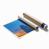 Atlanta skyline in muted gray and blue tones on a rolled canvas, ideal for classy bathroom wall art.