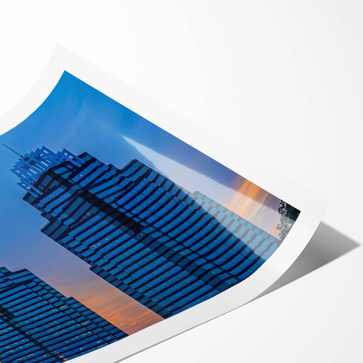 Extra large rolled print of Atlanta skyline with line art flowers in muted colors, suited for large living room wall art.