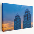 Atlanta skyline in muted gray and blue tones on a large stretched canvas, suitable for kitchen wall art.