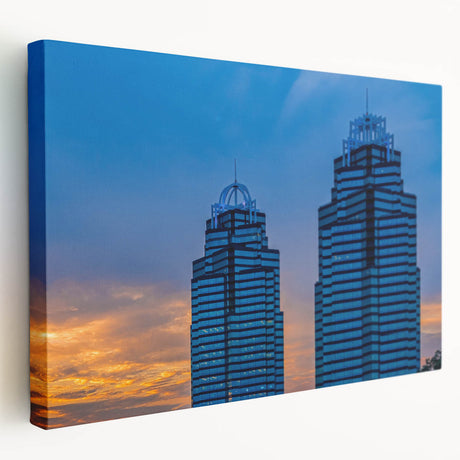 Atlanta skyline in muted gray and blue tones on a large stretched canvas, suitable for kitchen wall art.