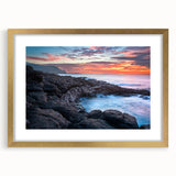 Extra large wall art featuring an abstract depiction of Kauai's landscape in textured hues of green and blue, framed in gold.