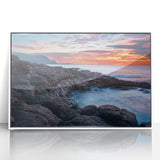 Art deco poster of Kauai scenery in muted green and blue tones, acrylic print framed in white, suitable for nursery wall art.