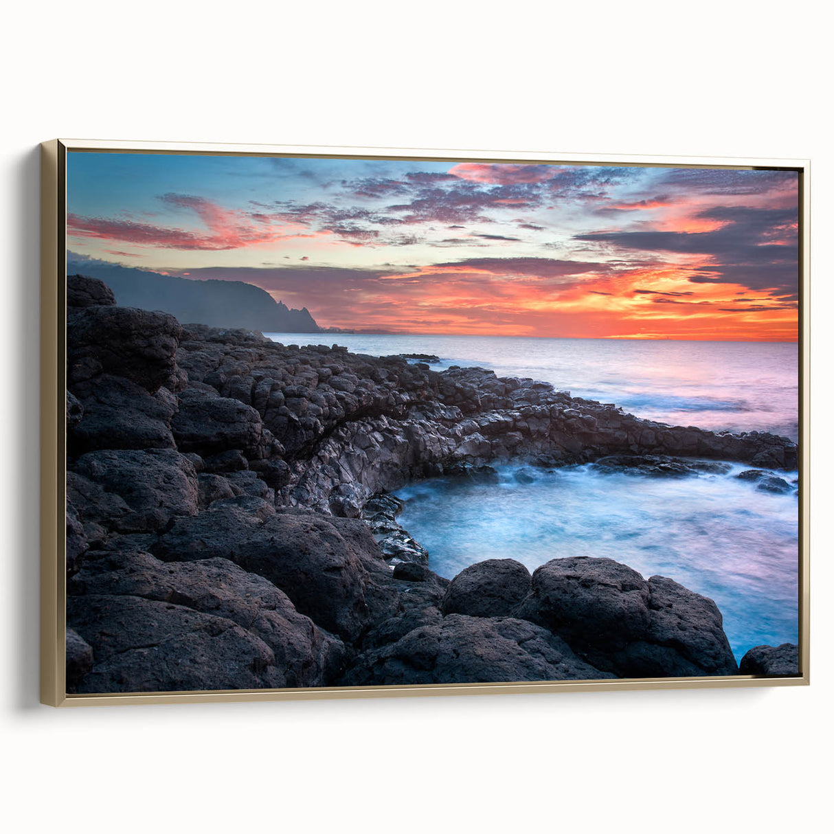 Framed canvas depicting a vintage-style landscape of Kauai, featuring black and gold tones, ideal for bedroom wall art.
