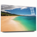 Large abstract depiction of Maui scenery in vibrant blue and green on acrylic glass, suitable for bedroom or dining room art.