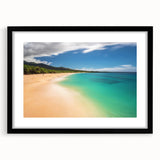 Colorful abstract art print of a Maui landscape in vibrant hues, textured and framed, ideal for living room decor.