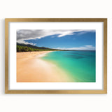 Extra large abstract art print depicting a textured scenery of Maui, with muted earth tones, framed in gold.