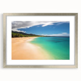 Textured abstract art print depicting a serene Maui landscape in muted green and blue tones, framed in silver.