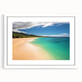 Abstract art print depicting Maui scenery in muted blue and green tones on a white-framed mat, ideal for dining room decor.