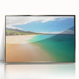 Mid-century modernist art depicting a serene Maui landscape in muted earth tones, framed acrylic, ideal for nursery wall art.