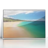 Art deco poster featuring a serene Maui landscape in soft pastel colors, acrylic framed, suitable for nursery wall art.