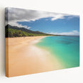 Large stretched canvas featuring a serene Maui landscape with vivid green and blue tones, suitable for kitchen wall art.